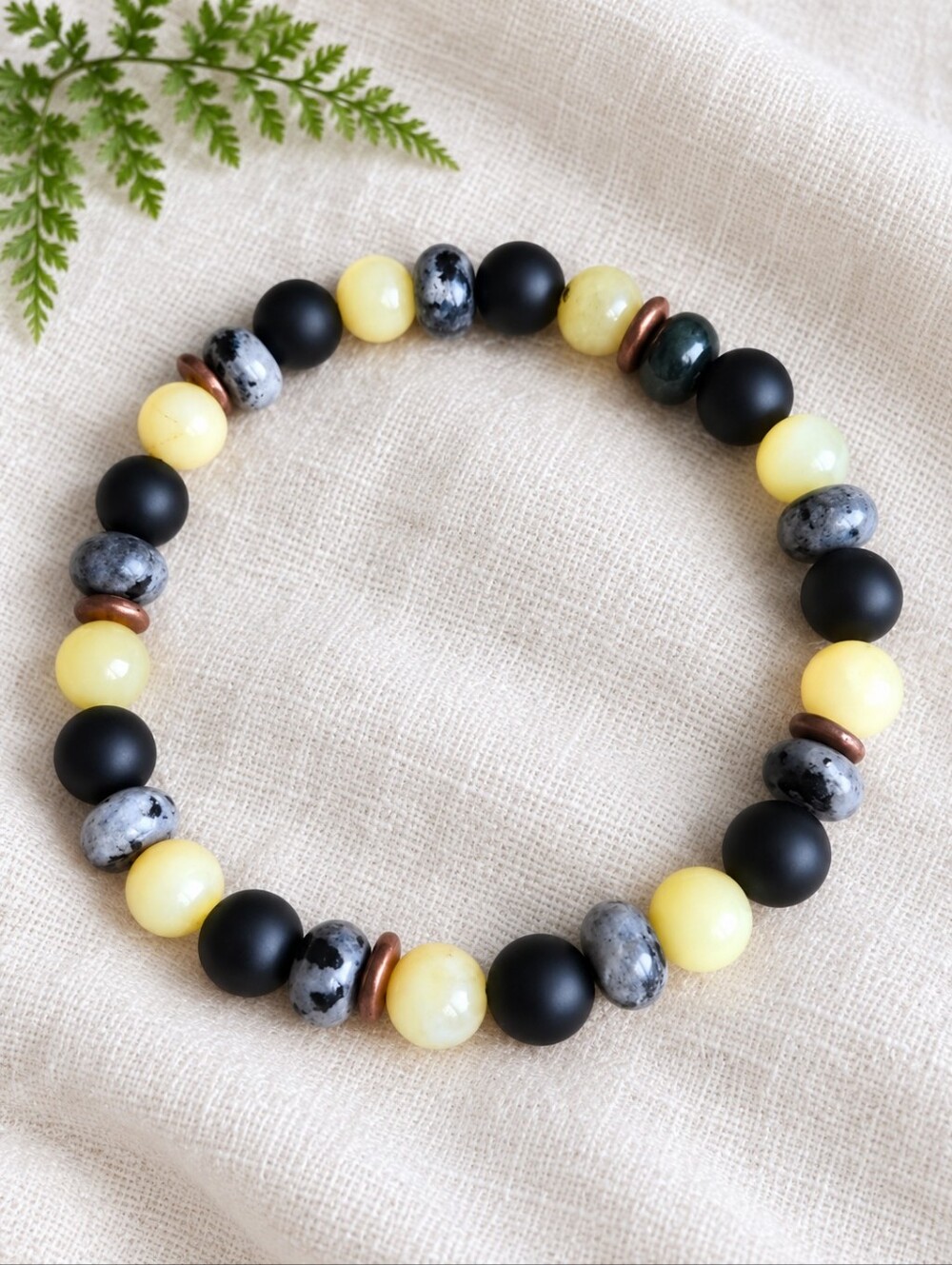 Yellow Opal, Black Onyx & Larvikite Beaded Stretch Bracelet | Handmade